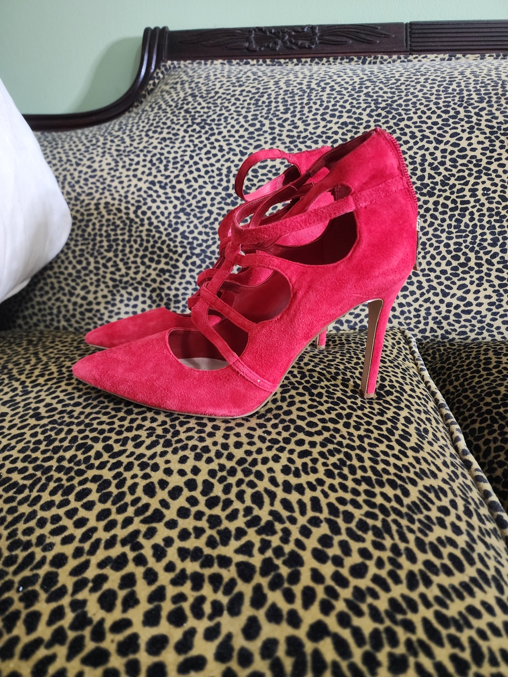 BCBGeneration Red Stiletto Heels Strappy Suede Pointed Toe 7.5M